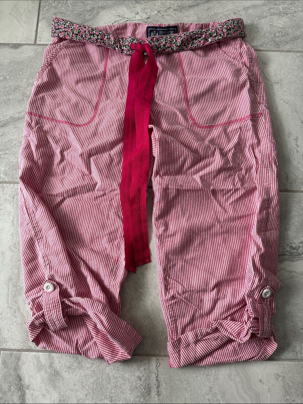 PINK Striped Capris with Floral Waist & Ribbon Tie